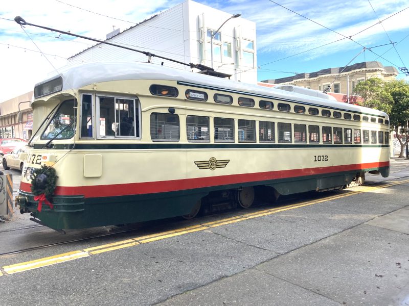 A cable car on Market Street in San Francisco on a sunny day.