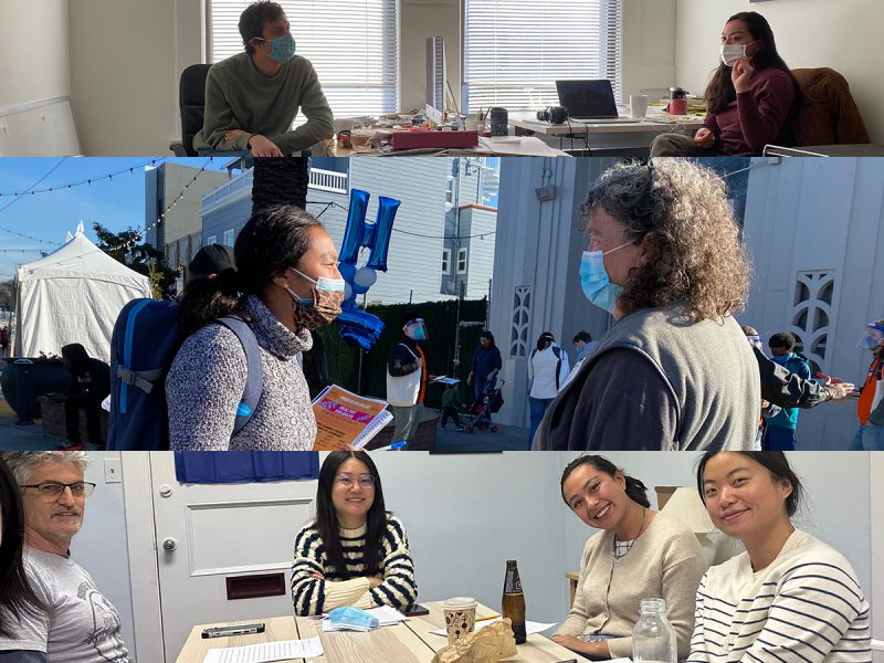 A collage of people sitting at a table with masks on.