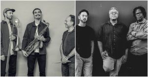 A black and white photo of a group of men with saxophones.
