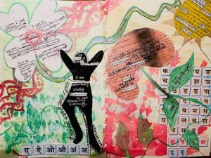 A piece of art with a person jumping in the air.