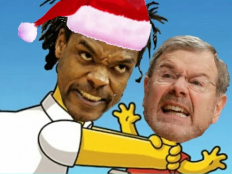 Homer choking Bart but with Latrell Sprewell's and PJ Carlissimo's heads. Sprewell wears a santa hat. For the ML Pop Culture Challenge.