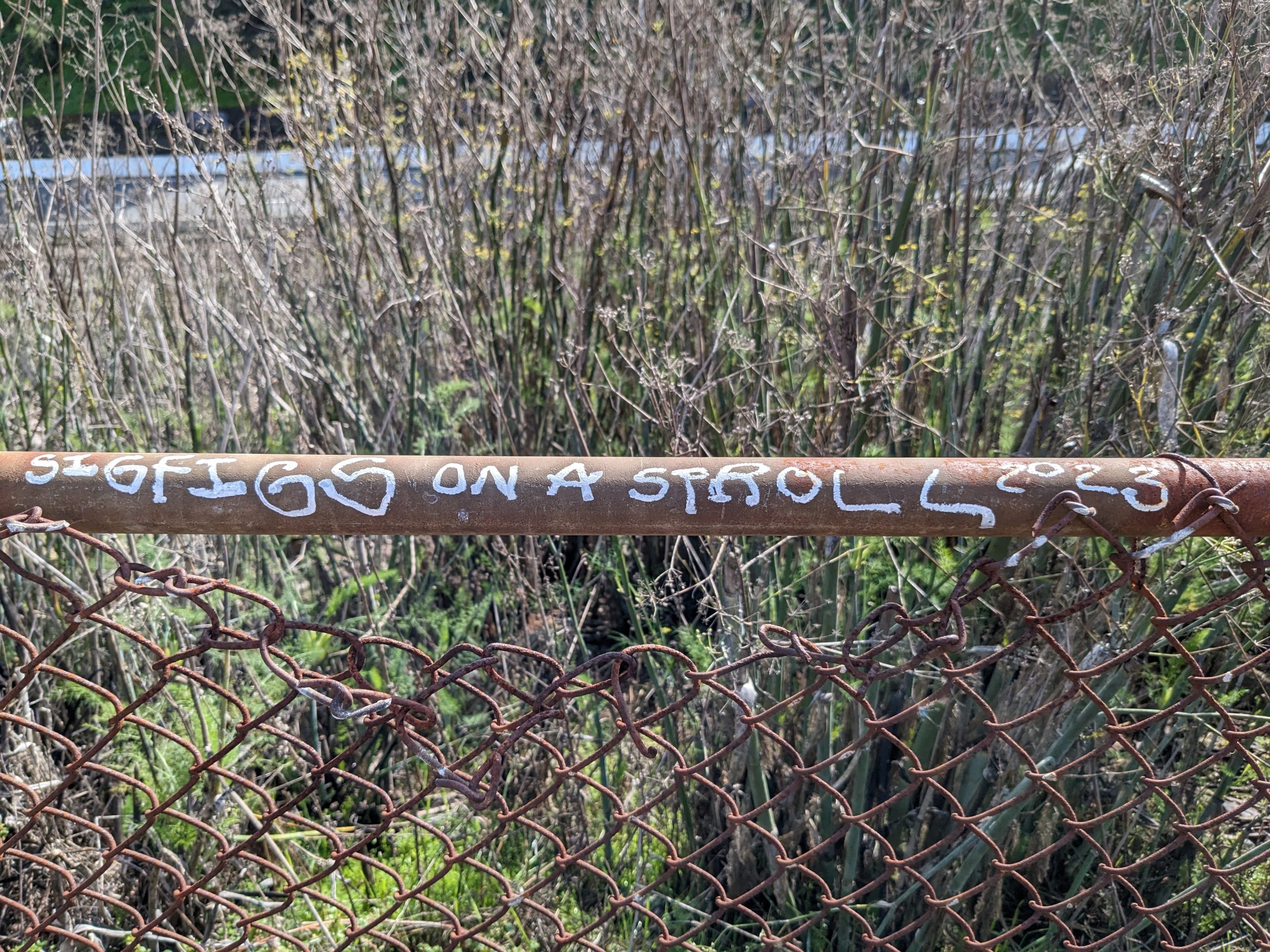 Words painted on the rusty fence of the Bernal Cut Path: SIG FIGS ON A STROLL 2023.