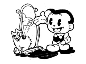 A black and white drawing of a cartoon character and a dog.