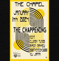 A black and yellow poster for the chapel.