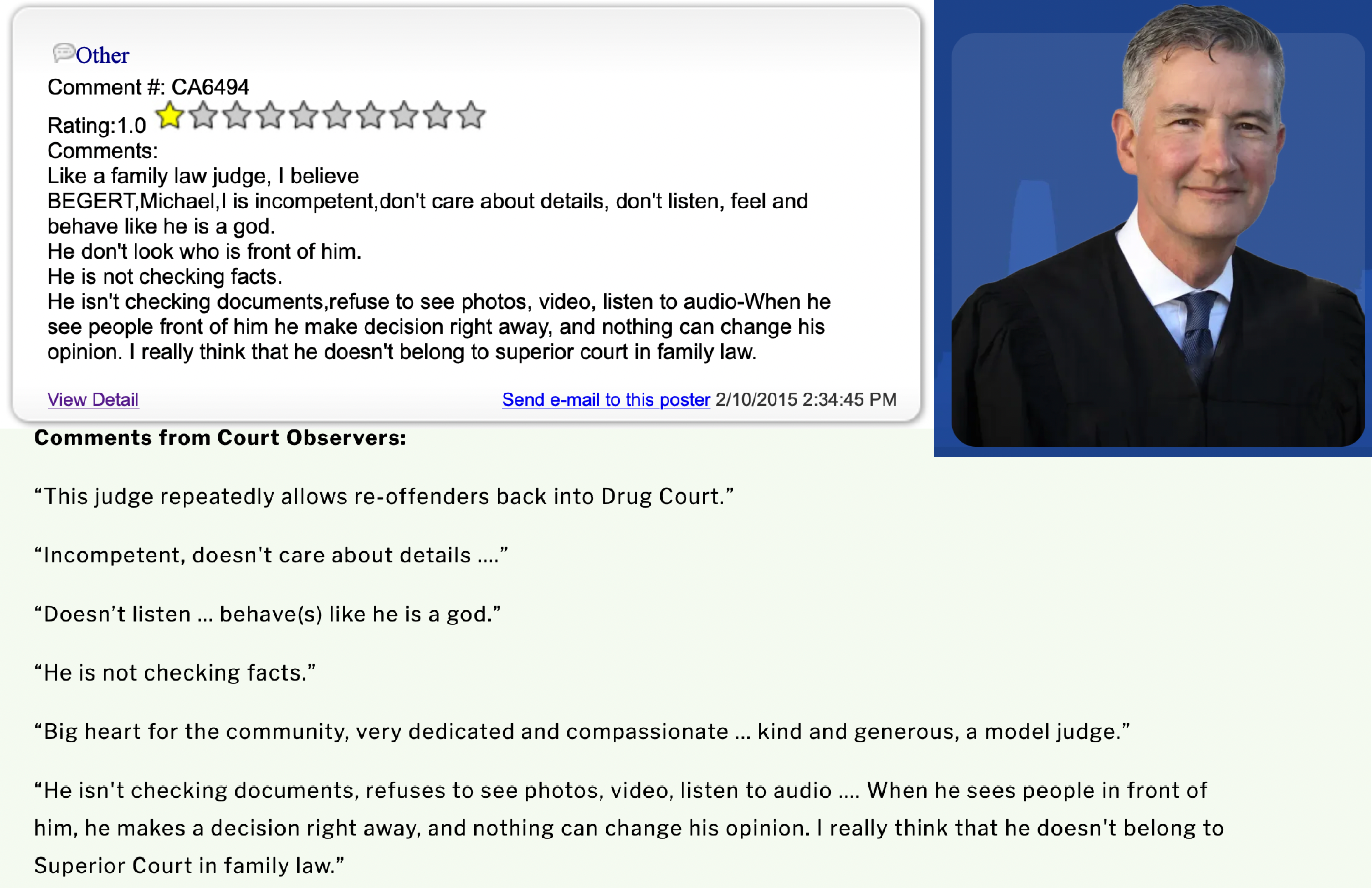 A screen shot of a page with a picture of a judge.