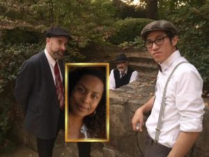 Three people standing next to each other in a park.