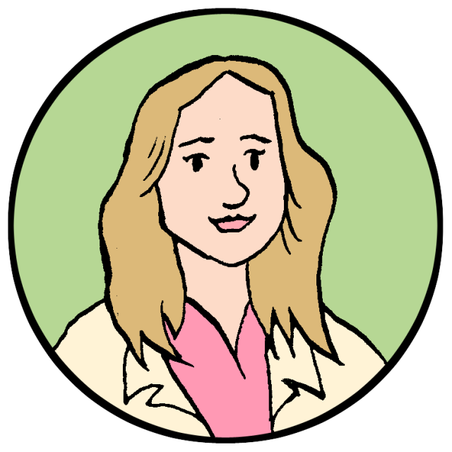 An illustration of District 1 candidate Jen Nossokoff, a woman in a lab coat.