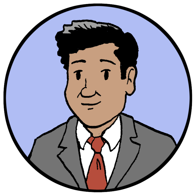 An illustration of District 1 candidate Sherman D'Silva, a man in a suit and tie.