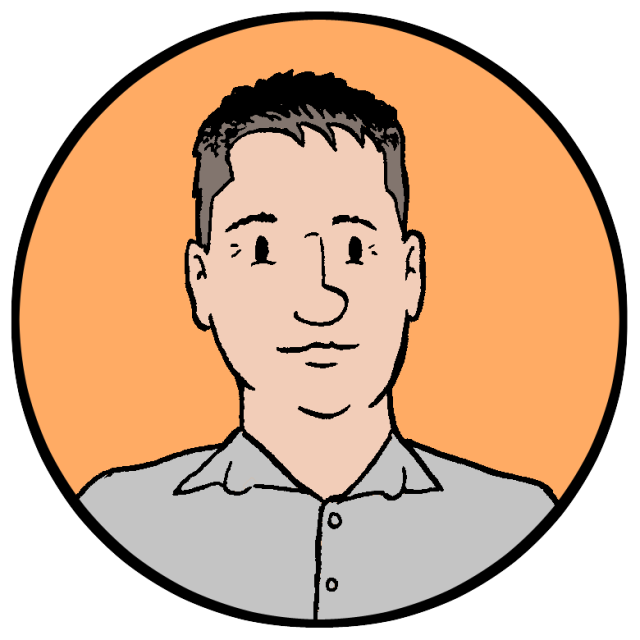 A cartoon of a man in an orange circle.