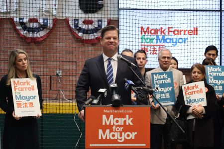 A group of people holding signs for mark farrell for mayor.