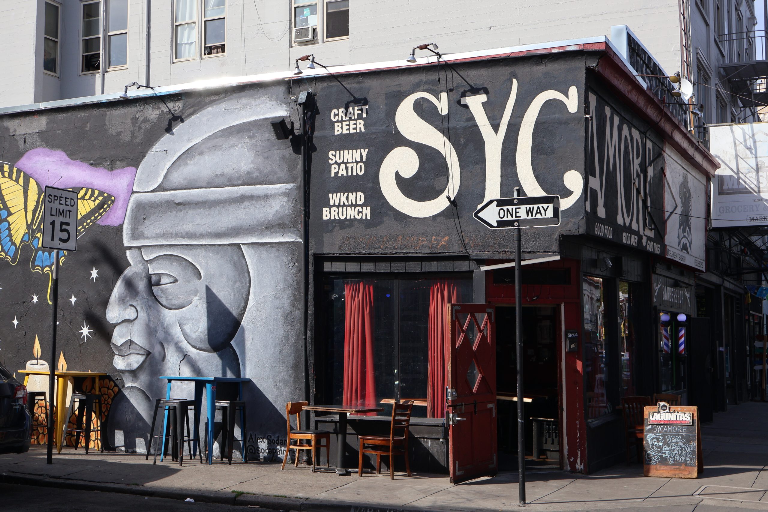 A building with a mural on it.