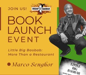 A poster for a book launch event with the words little big boob more than a restaurant.