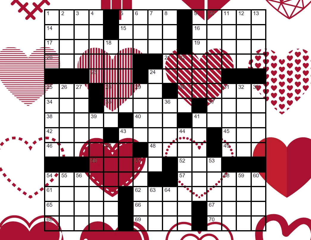 Valentine's day crossword puzzle with hearts.
