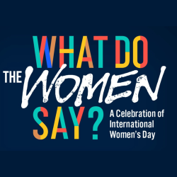 A blue background with colorful text.