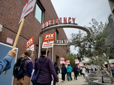 A group of people holding signs at a rally