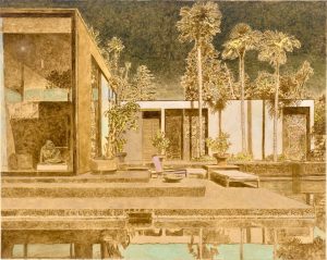 A drawing of a house with a pool and palm trees.