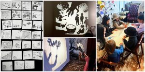 A collage of drawings and pictures of people in a room.