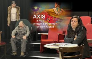 Three actors on stage during a rehearsal for a play titled "axis," written and directed by dirk alphin.