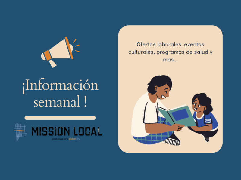 A graphic promoting "información semanal" featuring an illustration of an adult reading to a child, with text about job offers, health programs, and more.