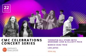 Promotional poster for the cmc celebrations concert series featuring terrapin all-stars with grahame lesh & elliott peck, marco diaz trio, and los jefes, scheduled.