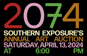 Promotional graphic for southern exposure's annual art auction scheduled for saturday, april 13, 2024, at 6:00 pm.