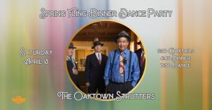 A promotional poster for a 'spring fling dinner dance party' featuring three individuals dressed in vintage attire, scheduled for april 13 with cocktails, dinner, and dance starting at 5:30 pm.