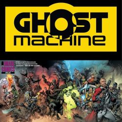 A promotional image for "ghost machine," featuring a dynamic illustration of various characters ready for action, with the title displayed prominently at the top.