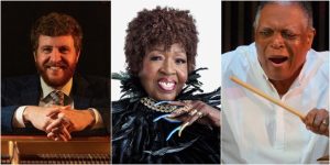 Three musicians performing: a pianist, a singer, and a drummer.