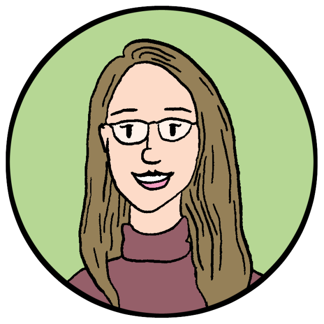 Illustration of a smiling woman with glasses and long hair in a circular frame.