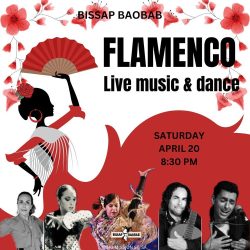 Event flyer for a live flamenco music and dance night at bissap baobab on saturday, april 20 at 8:30 pm, featuring images of dancers and musicians.