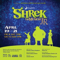 Promotional poster for "shrek the musical jr.," showing performance dates, silhouettes of main characters, and production credits against a starry background.