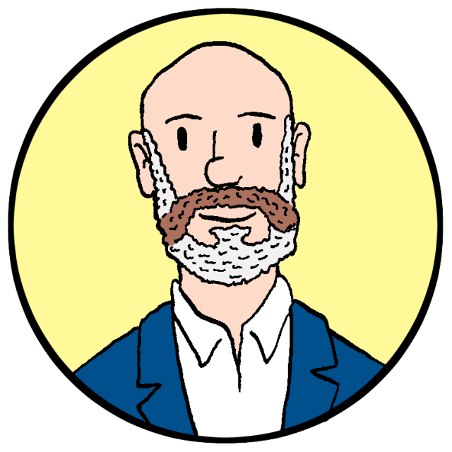 Illustration of a bald man with a beard from District 3 wearing a blue jacket.