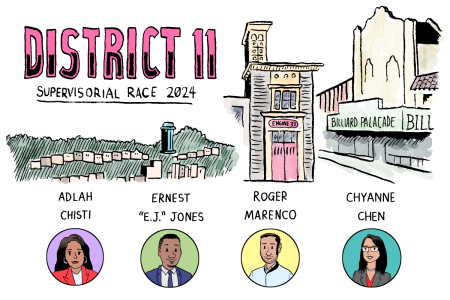 Drawings of the four candidates for District 11 supervisor for 2024, from left to right are: Adlah Chisti, Ernest "E.J." Jones, Roger Marenco, and Chyanne Chen.