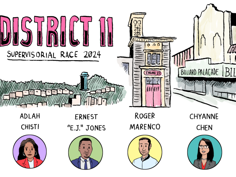 Drawings of the four candidates for District 11 supervisor for 2024, from left to right are: Adlah Chisti, Ernest "E.J." Jones, Roger Marenco, and Chyanne Chen.