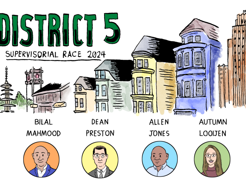 Illustration of district 5 supervisory race 2024 with landmarks and four candidate portraits.