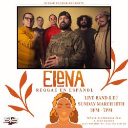 Promotional poster for a live music event featuring the band elena, specializing in reggae in spanish, at bissap baobab on sunday, march 10th, from 3 pm to.
