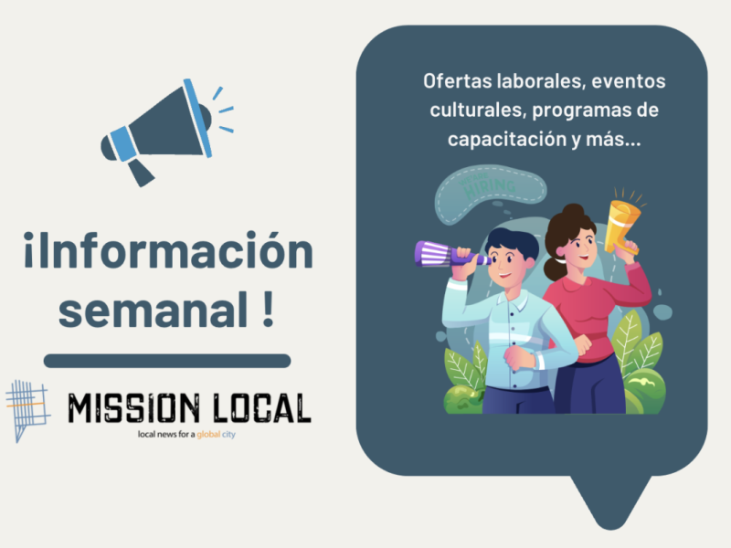 Graphic illustration of an announcement for weekly local news updates, featuring two people with a megaphone and a text bubble listing job offers, cultural events, and more.