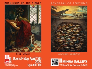 Art exhibit flyer featuring two paintings: on the left, a plague doctor in a historical room; on the right, cars submerged in a circular pit.