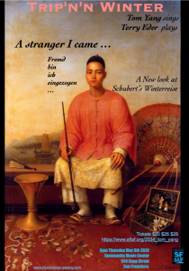 Poster for a musical event titled "tripp'n winter," featuring violinist tony yang performing schubert's winterreise. image shows a painting-style portrait of a man holding a violin bow, with an urban landscape in the background.