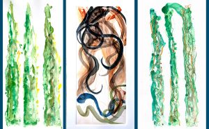 Three abstract watercolor paintings side by side with varying patterns and brush strokes.