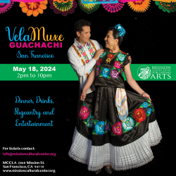 Promotional poster for velamuse guachuci event in san francisco featuring a smiling couple in traditional mexican attire, with event details and decorative floral background.