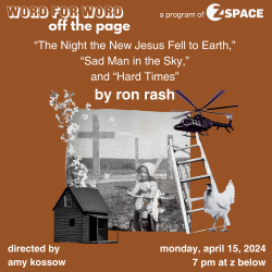 Promotional graphic for a word for word theatrical event featuring works by ron rash, directed by amy kossow, scheduled for april 15, 2024.
