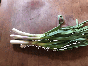 A bunch of fresh leeks on a wooden surface.