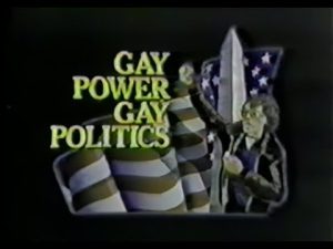 Title card for a program or segment focusing on lgbtq+ influence in politics.