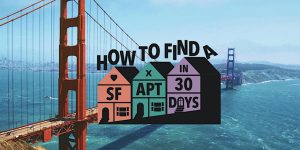 An overlay of text "how to find a apt in 30 days" against a backdrop of the golden gate bridge, suggesting a guide for apartment hunting in san francisco.