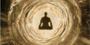 Silhouetted person meditating in a luminous, tunnel-like vortex.