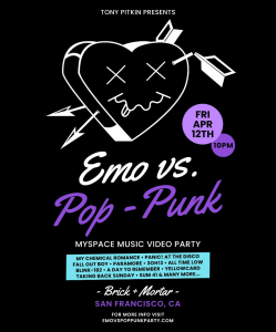 Event poster for "emo vs. pop-punk" featuring bands like my chemical romance and panic! at the disco, in san francisco on april 12th.