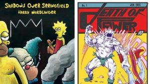 Split image: left side shows homer simpson looking sad, watched by marge and lisa. right side is a comic cover titled "tenth of power" with a muscular, monstrous figure.