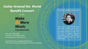 Promotional poster for a benefit concert titled "guitar around the world" with musician bradly pupa, scheduled for april 26th, supporting the make more music foundation.