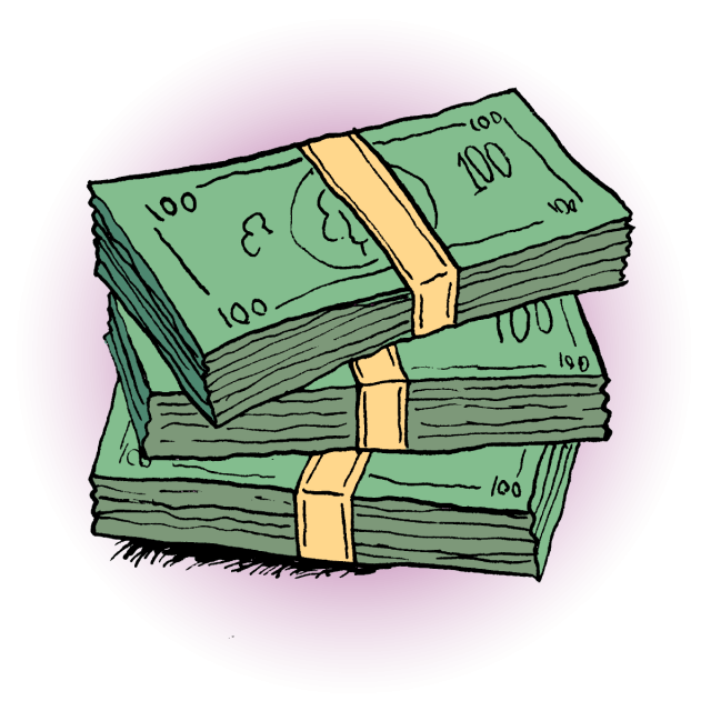 Stack of Australian dollar bills bound by rubber bands, illustrated on an election dashboard-themed purple background.